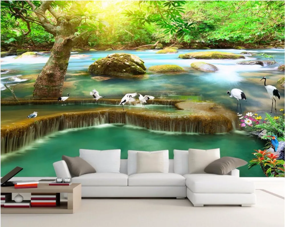Custom mural 3d room wallpaper Sunshine forest waterfall cranes home