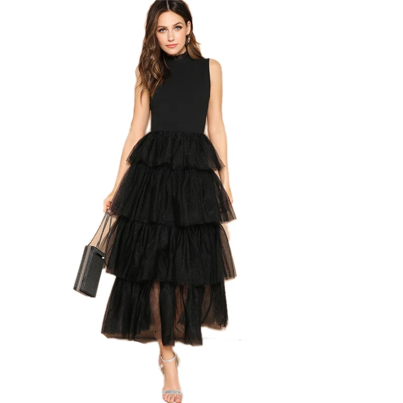 SHEIN Гламурное черное комбинированное многослойное контрастное Сетчатое длинное платье с рюшами элегантное платье с воротником-стойкой без рукавов весенние платья