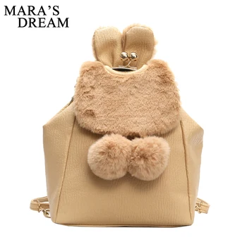 

Mara's Dream Backpack Women Cute Solid Faux Fur Rabbit Pendant Hasp Winter Soft Women's Big Plush Backpack Rucksack Mochila Bags