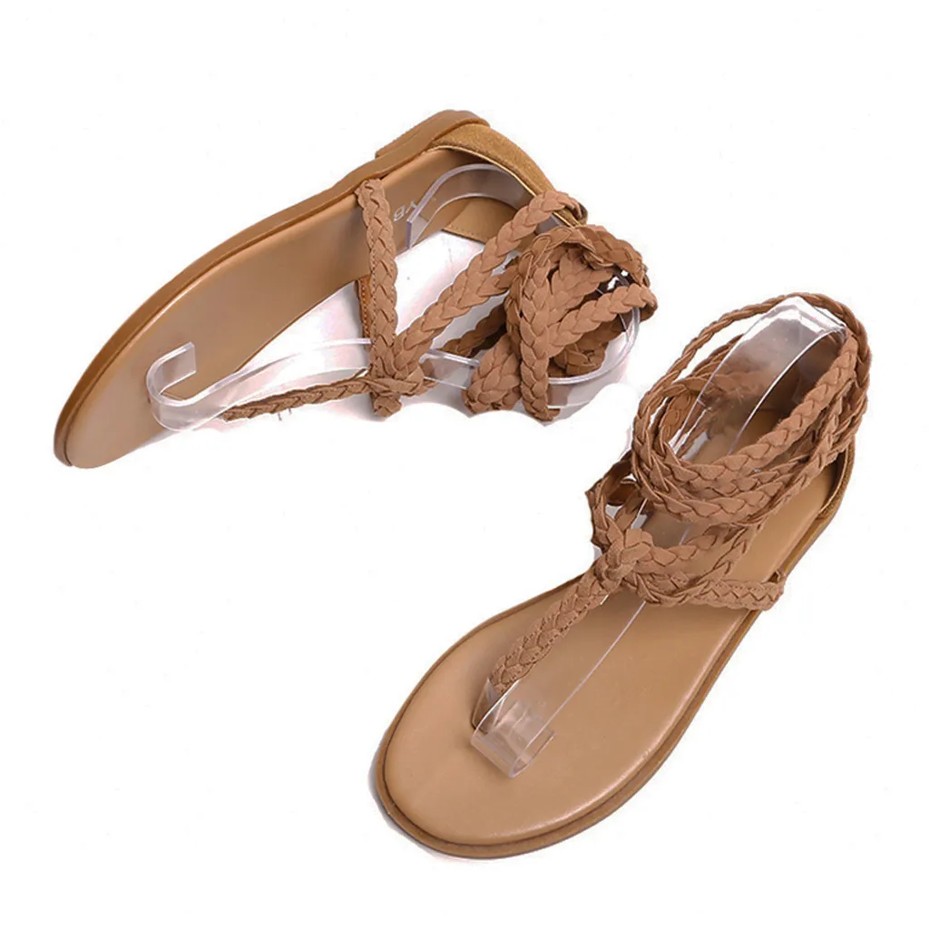 Для женщин сандалии женская летняя тканый ремень комнатные до лодыжки, на плоской подошве, сандалии в римском стиле повседневная женская обувь удобная Пляжная обувь T9