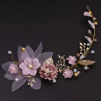 

High end purple flowers golden leaves bridal headdress soft bride tiara de noiva wedding hair accessories