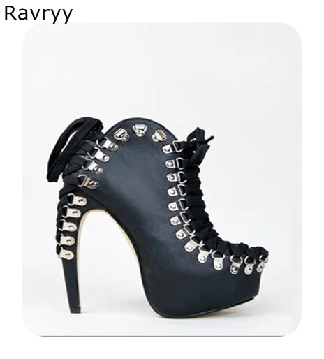 

2018 Newest Fashion Ankle Lace Up Woman black short boots strange style Heel Model Fun Club Party female booties motorcycle boot