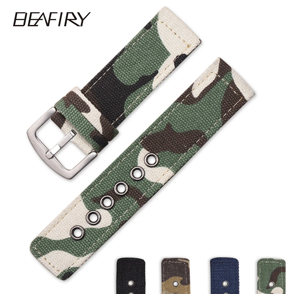BEAFIRY 18mm 20mm 22mm 24mm Canvas camouflage Watch Band Breathable
