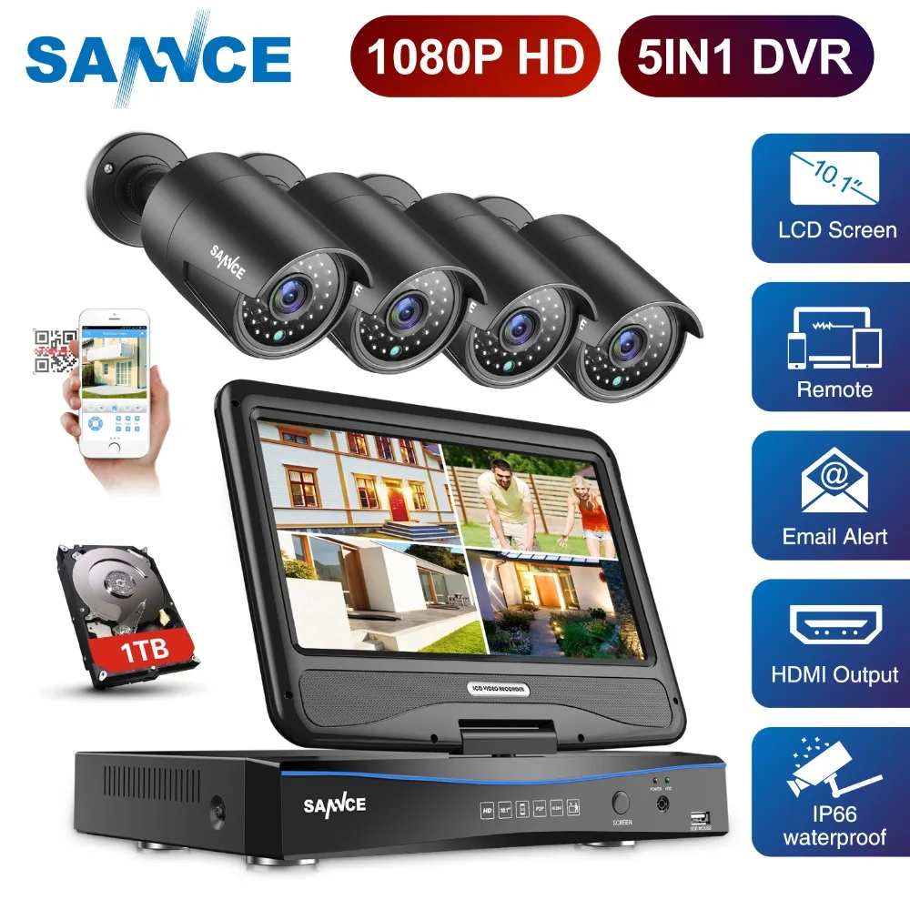 

Sannce FHD DVR Kit 1080P 5 in 1 Security System TVI DVR 10'1 Inch LCD H.264 IP66 Weatherproof CCTV Monitor NVR IPC Camera Set