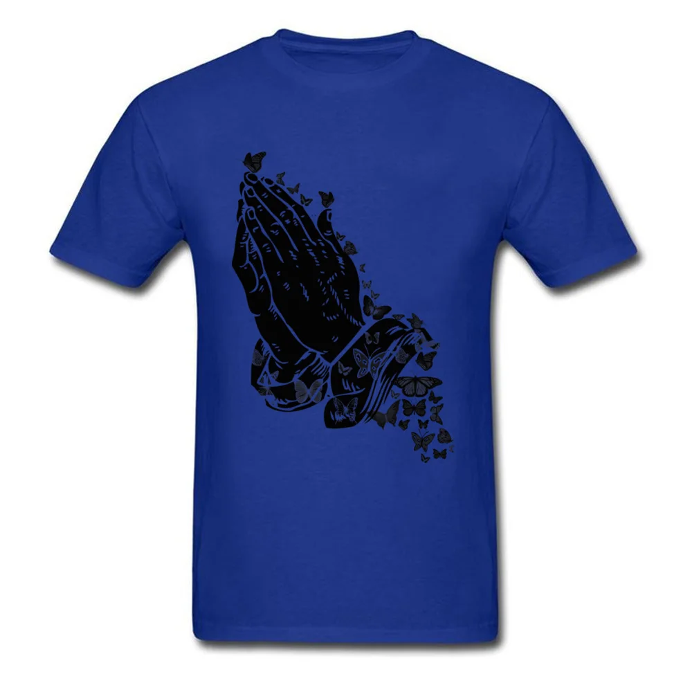 Praying hands and butterflies Crazy T-Shirt for Male 100% Cotton Summer Tops T Shirt Tee Shirt Short Sleeve Brand Crew Neck Praying hands and butterflies blue