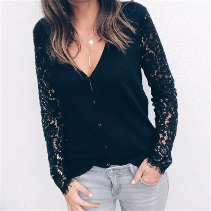 

New Arrival Women Blouses Sexy Ladies Tops Black White Women Long Sleeve Blouse Shirt Floral Clothing Lace V Neck Blouses Tops