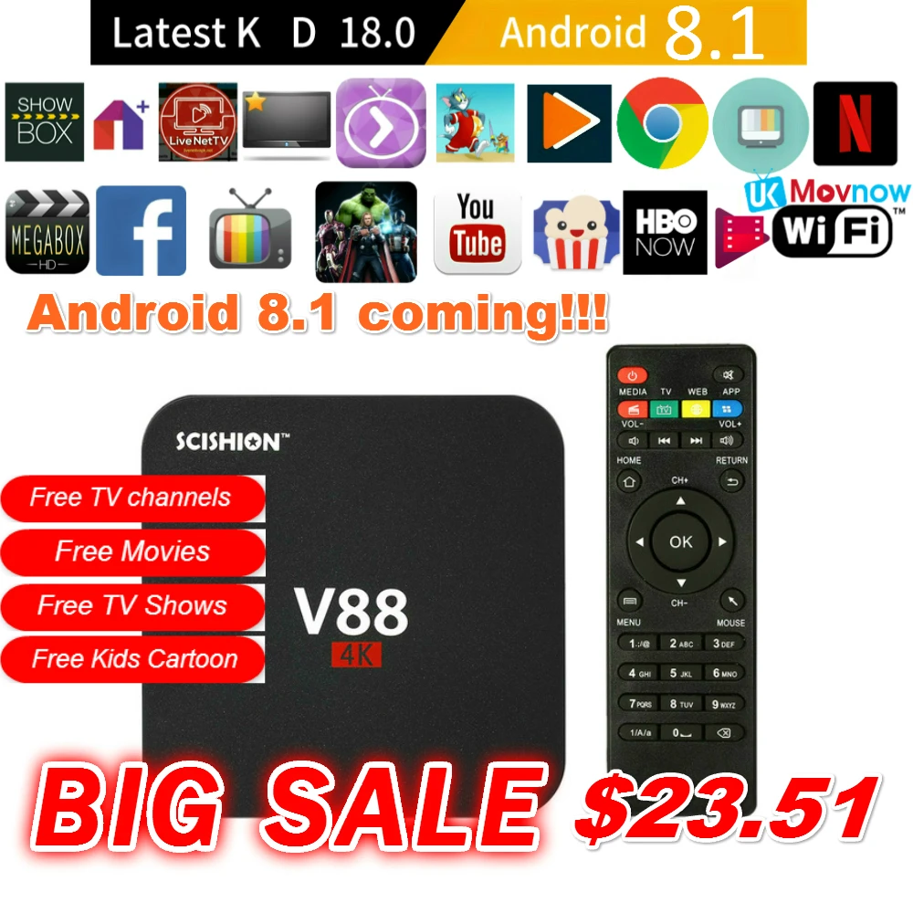 

TTVBOX V88 4K Android 8.1 Android TV Box Rockchip RK3229 1G DDR3 8G eMMC USB WiFi Quad Core Smart TV BOX Media Player