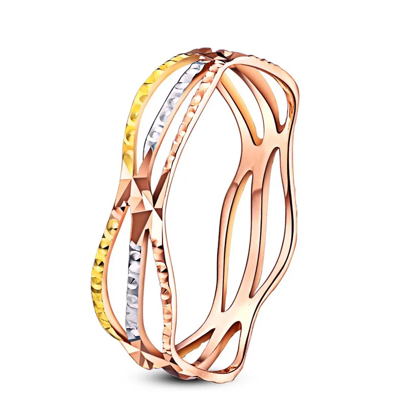 

18k Pure Real Gold Floral Rings Women Girl Lady Trendy Tri-Tone AU750 Genuine Solid Diamond Carve Bands Fine Jewelry Gift Party