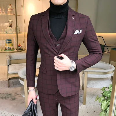 

3 Pieces Suit Vest Mens Suits With Pants Wine Red Retro Plaid Slim Fit Formal Wedding Dress Tuxedo Suits Plus Size 5XL 2019