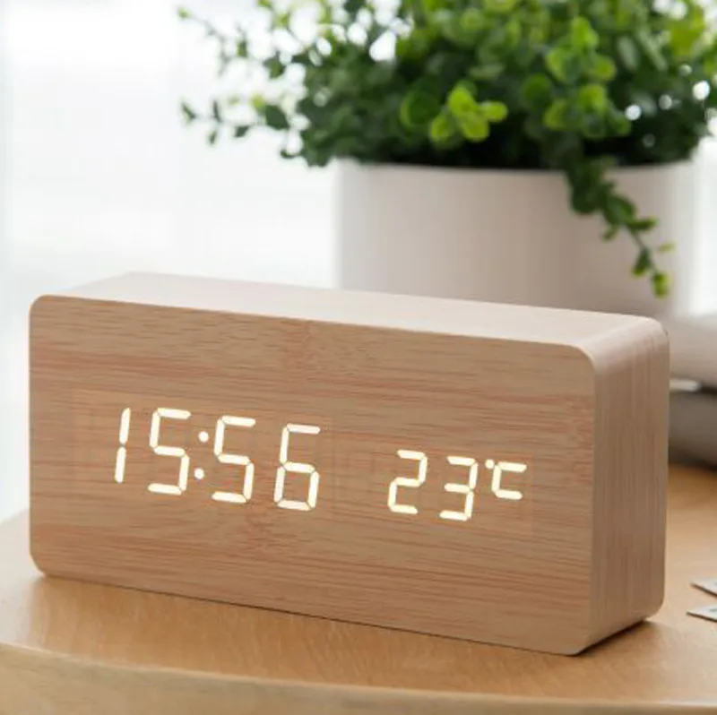 JINSUN, современный датчик, деревянные часы, двойной светодиодный дисплей, бамбуковые часы, цифровой будильник, светодиодный дисплей, темп времени, голосовое управление, Wekker KSW104
