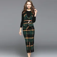 Elastic knit basic shirt and plaid wool package hip skirts and wool vest 3 piece suits