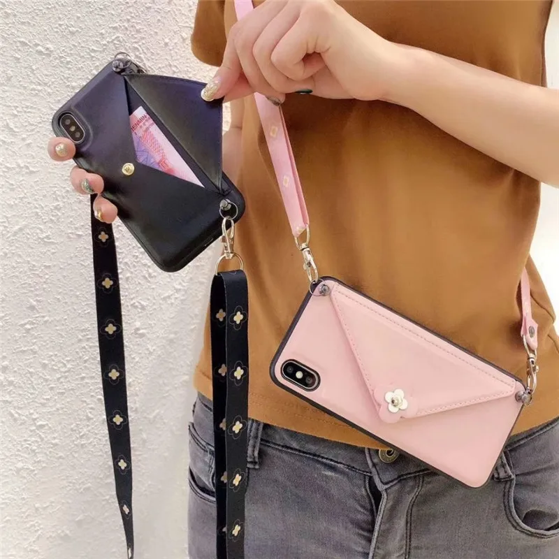 

wallet card case for iphone XS MAX XR X 8 7 6s 6 plus case cover luxury flower envelope shoulder strap phone bag capa fundas