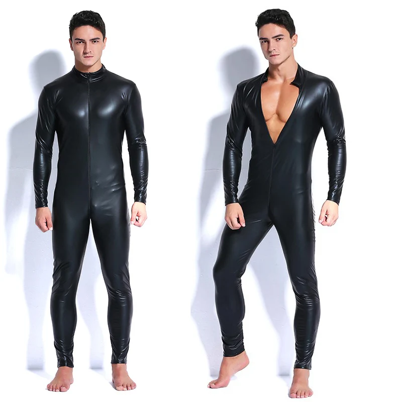 2018 Men Faux Leather Zipper Crotch Latex Catsuit Jumpsuit Sexy Lingerie Erotic Costumes Spandex