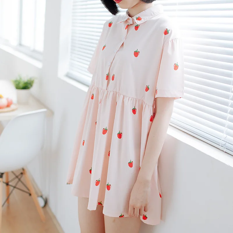 

Korea style Cute Strawberry Dress For Women Lolita Girl Basic Lovely Fresh Short Sleeve Female Summer Preppy style Loose Dresses