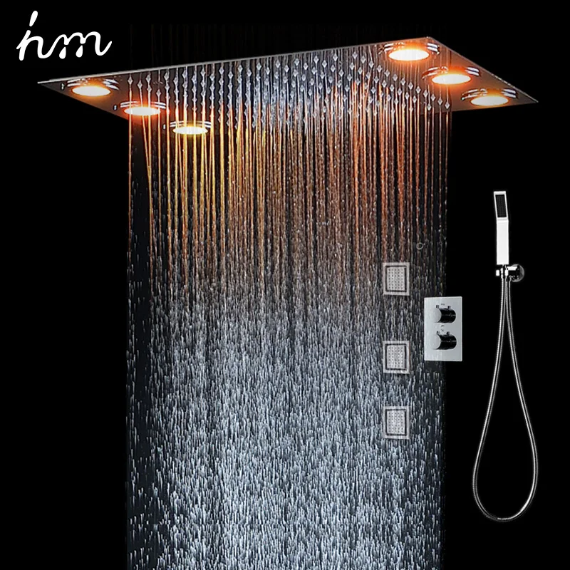 hm Bathroom Ceiling LED Shower Set 360*500mm Rainfall Shower Head Panel Thermostatic Mixer Faucets With 4