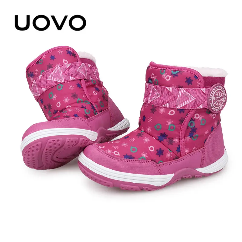 Детские Зимние ботильоны Uovo с цветочным принтом; модные ботинки черного и розового цвета; теплый плюшевый светильник; вес; размеры 28-36; детская обувь