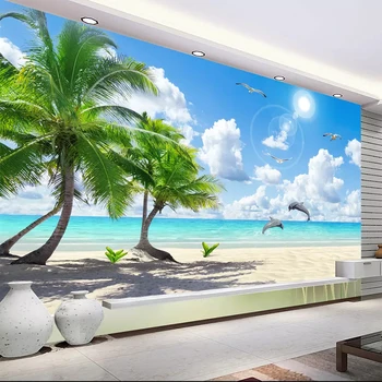 

Custom 3D Mural Wallpaper Non-woven Bedroom TV Background Fresco HD Coconut Tree Beach Dolphin Landscape Photo Wall Paper Roll
