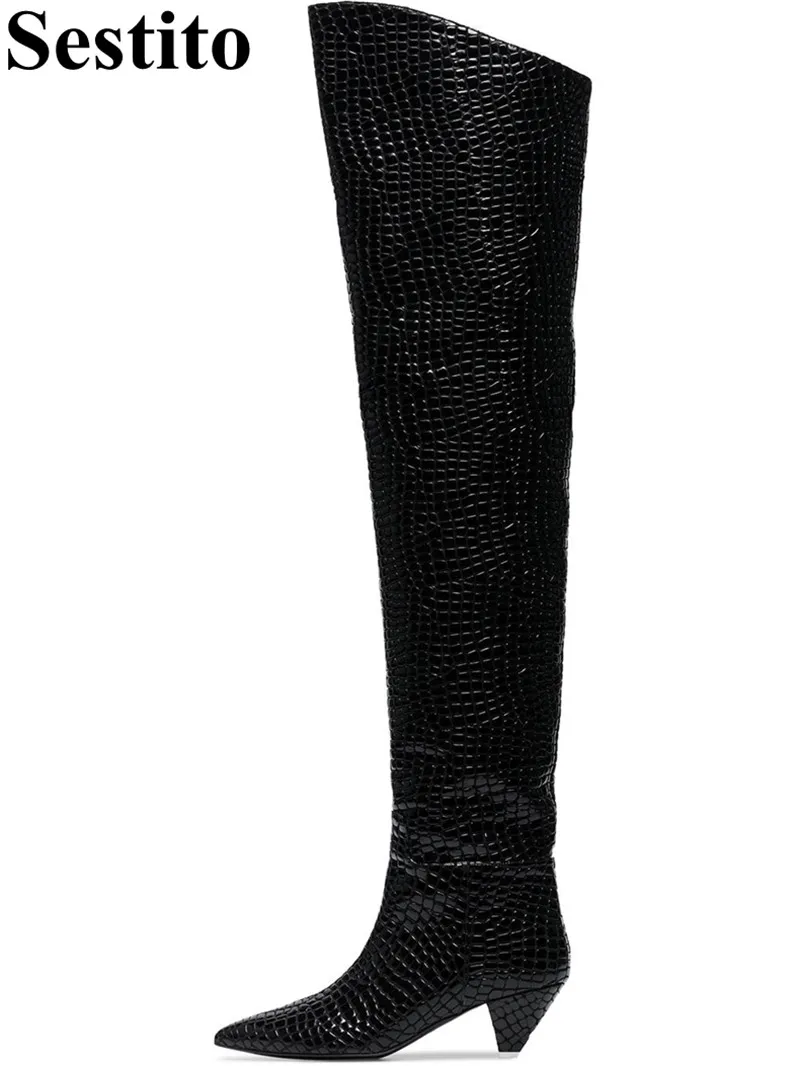 

2018 Fashion Black Crocodile pattern Woman Boots Pointed Toe Over-the-Knee Boots Women Slip-on Spike Heels Autumn Women Shoes