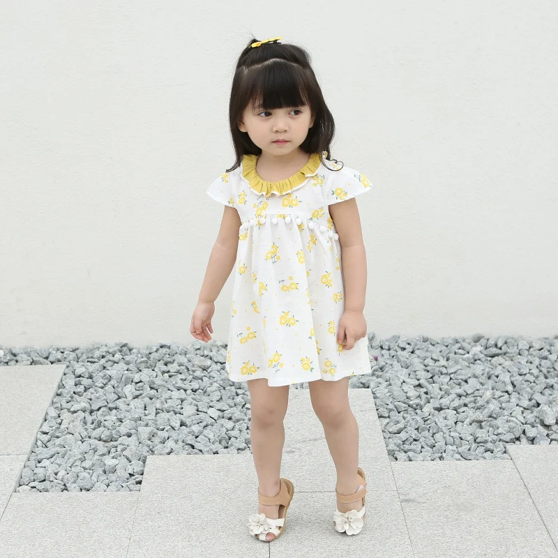 Малышей летнее платье для девочек желтый цветок немного Повседневные платья для девочек хлопок Playwear Сарафан