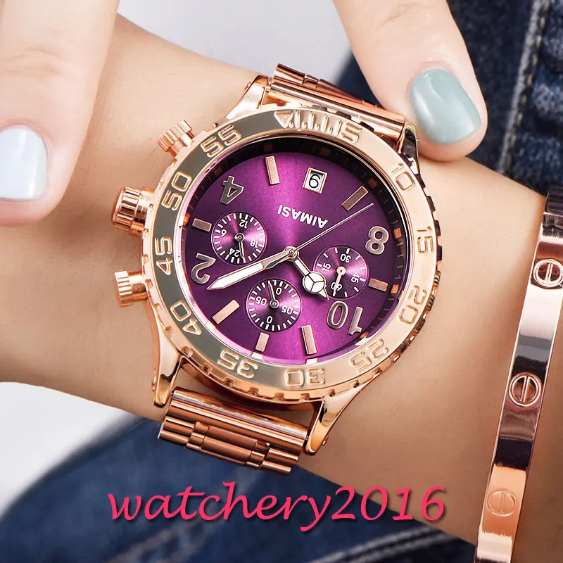 

New 42.3mm AIMASI purple dial date adjust rose golden plated case Push Button Hidden Clasp quartz movement Men's Watch