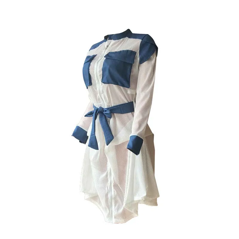 Новая весенняя женская блузка, модные сетчатые джинсы Casua, сшитые на молнии, рубашка в виде листьев лотоса, юбка с карманом в стиле пэчворк, облегающее платье
