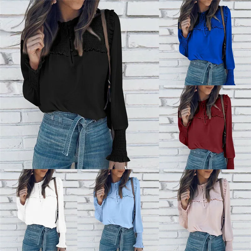 

2019 Fashion Women Long Sleeve Loose Blouse Casual Shirt Summer Chiffon O Neck Full Flare Sleeve Tops Solid Color Ladies Top