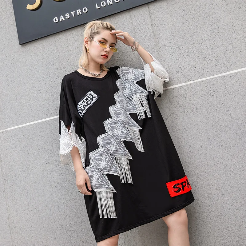 

Johnature Fashion Patchwork Lace Tassel 2019 Summer Streetwear Knee-length Women Loose Dress New Half-sleeve Women Dresses