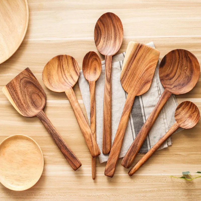 Wooden Spoon Long Handle Non-stick Pan Big Soup Spoon Spatula Cooking Utensils Resuable Tablewares Kitchen Cooking Tools