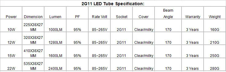 10 шт./лот Яркость 15 Вт 2g11 светодиодные трубки PL light 410 мм 4pin led PL 2g11 лампа трубки молочный/ прозрачная крышка AC85-265V