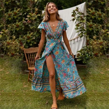 

Womens Dress Beach Lace Print Long dress Bohemian Big Pendulum V-neck Evening Party Dress Elegant Maxi Dresses vestidos c179