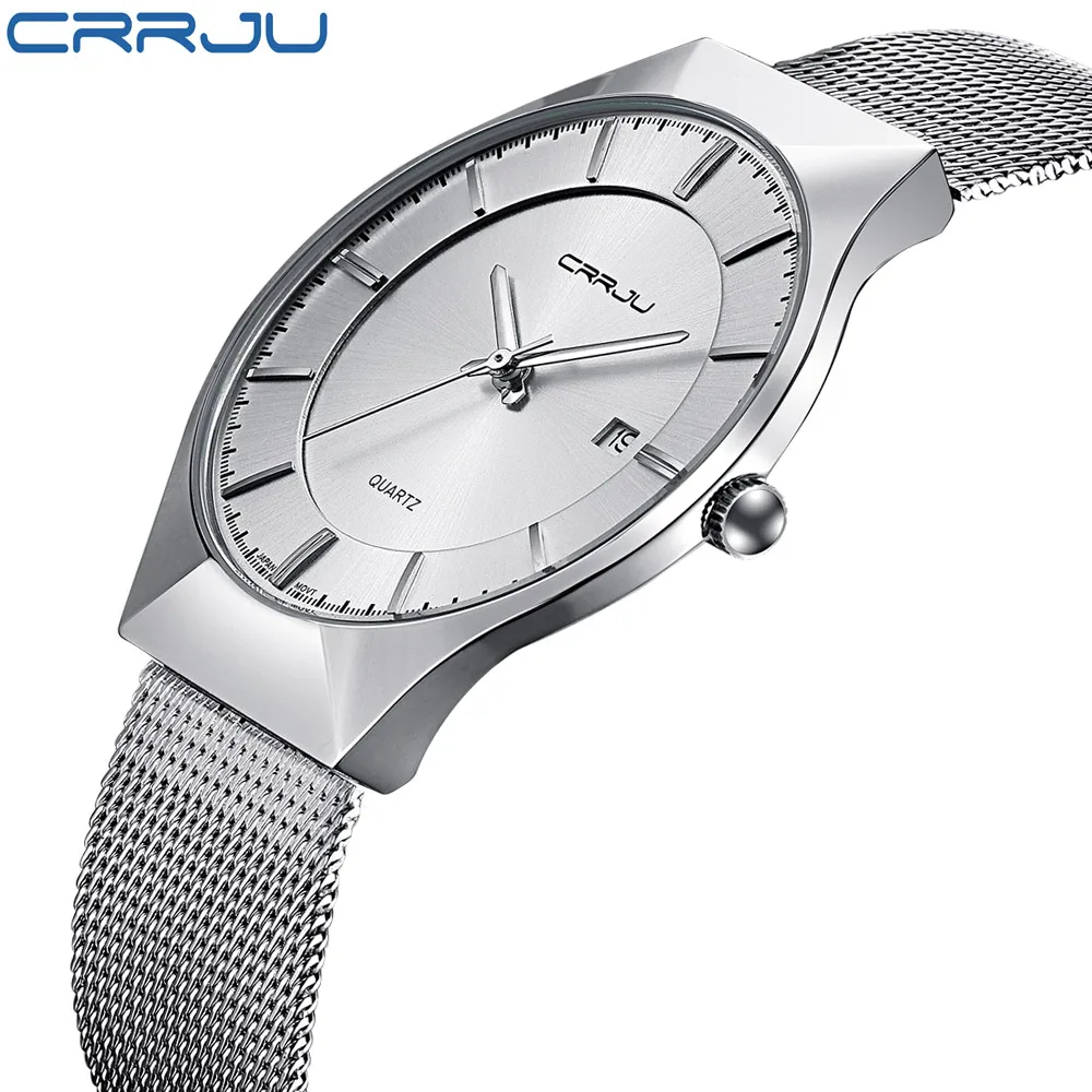 

CRRJU Brand Waterproof Fashion Slim Watches Men Silver Mesh Stainless Steel Strap Slim Case Date Male Dress Quartz Wristwatch