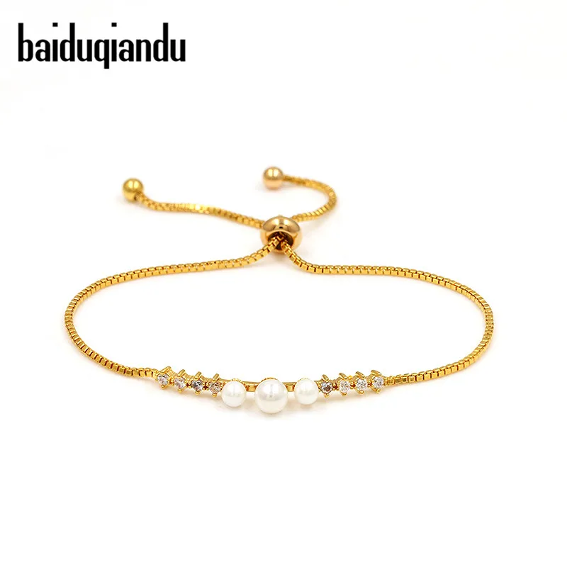 

baiduqiandu 3 Imitation White Pearl Women Cubic Zirconia Bracelet & Bangles Crystal Zircon Stones Adjustable Silver/ Gold Color