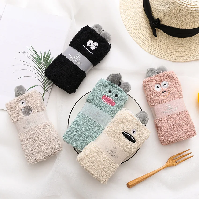 Thick coral fleece Funny socks women Cartoon little monsters embroidered pattern sleep socks Stereo ears half fleece home socks