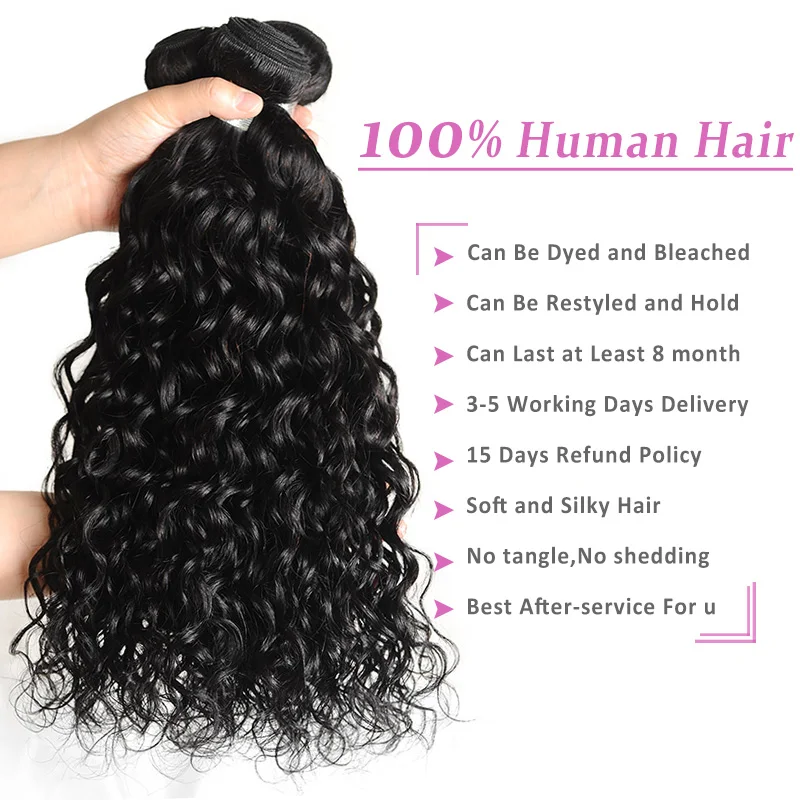 Pinshair Human Hair Weave Bundles Natural Black Water Wave Hair Extensions 1/3/4 Pieces Non-Remy Indian Hair Bundles