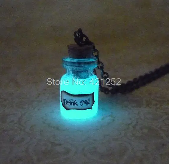 

12pcs/lot Alice in Wonderland inspired Pendant Glow In The Dark Drink Me Necklace Glowing Jewelry