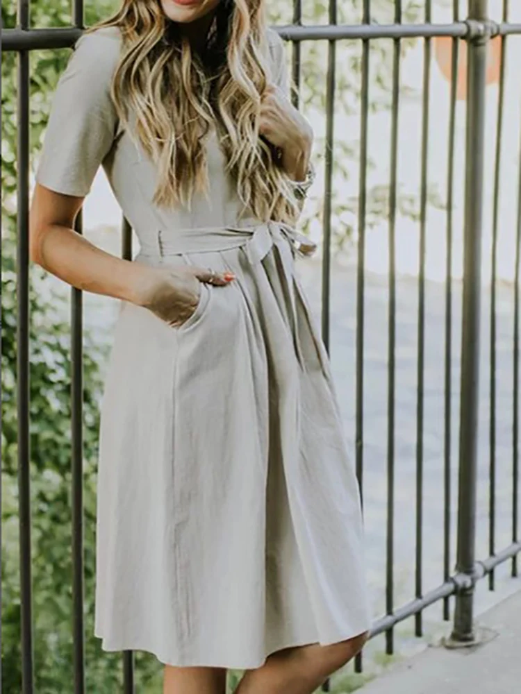 

2019 Casual Bandage Summer Dress for Women Gray Pink Short Sleeve High Waist Pockets Knee-Length Vestidos Vintage Robe Femme
