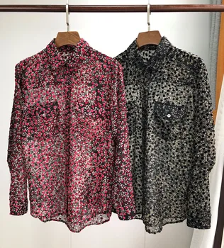 

Women Flocking Flower Print Shirt Long Sleeve Double Pockets Micro Perspective Sexy Blouse
