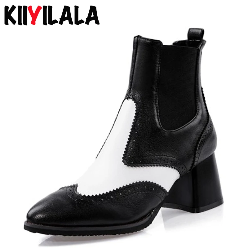 

Kiiyilala Mixed Color Leather Pointed Toe Boots Autumn Square Heels Shoes Woman Ankle Boots For Women Ladies Shoes Fashion Boots