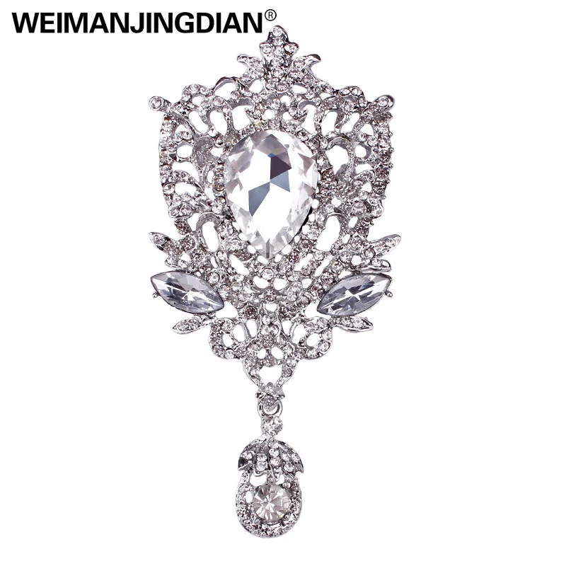 

Luxury Large Size Clear Crystal Teardrop Marriage Brooch Pins in Silver Color Plated for Women or Wedding Accessories