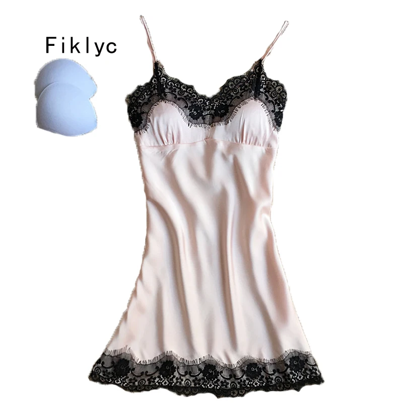 Ночная рубашка Fiklyc Женская тонкая без рукавов с кружевной отделкой|nightgown