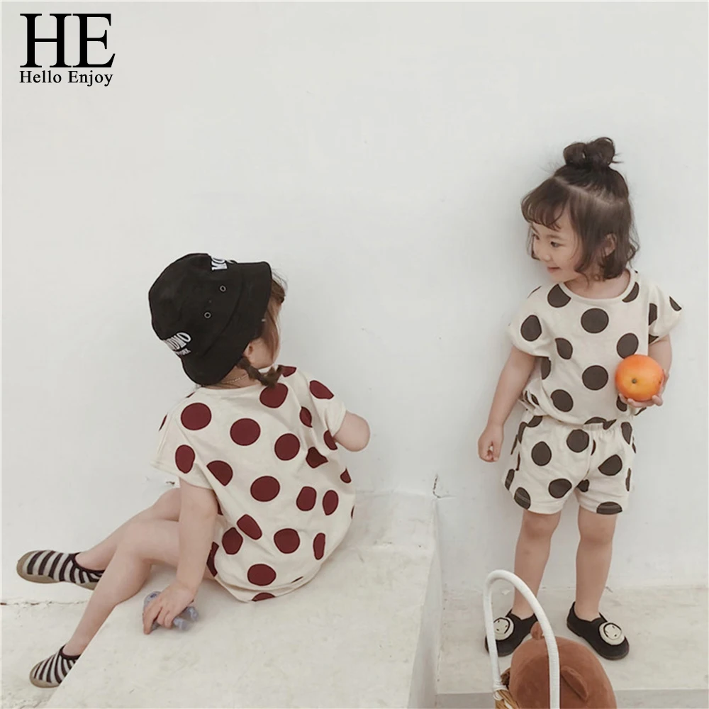 

HE Hello Enjoy Children Clothes Girls Sets Summer Polka Dot Cotton T-Shirt+Shorts 2 Piece Set Little Girl's Clothes Baby 2019