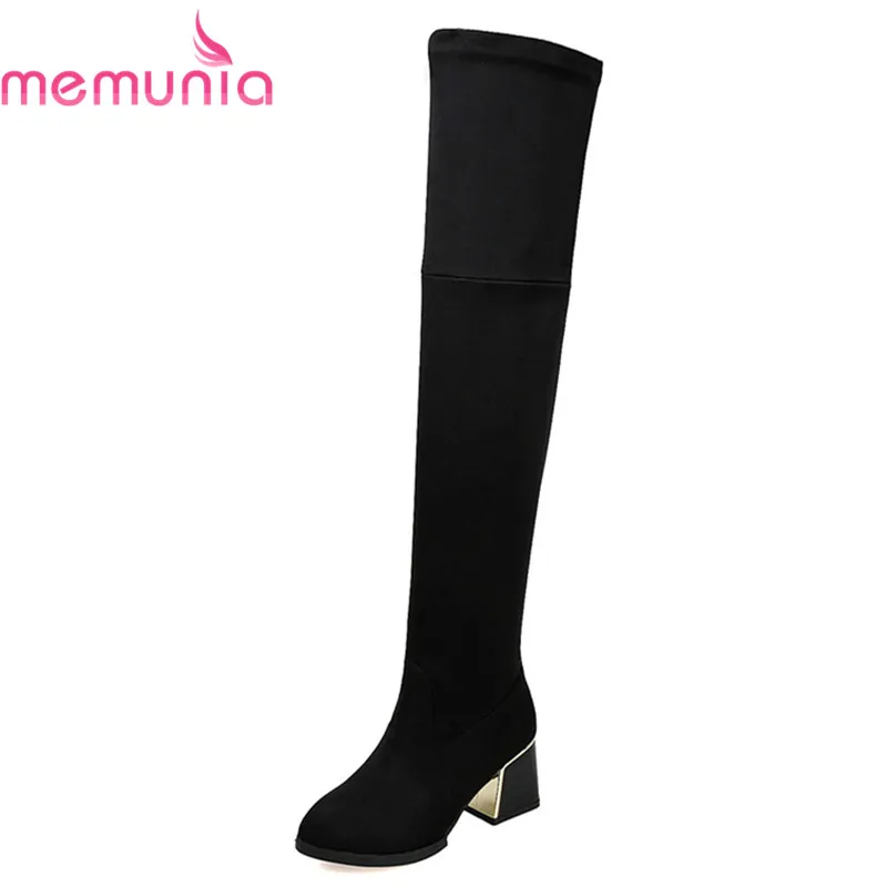 

MEMUNIA 2018 new arrival over the knee boots flock round toe thick heels boots zip women's winter shoes solid thigh high boots