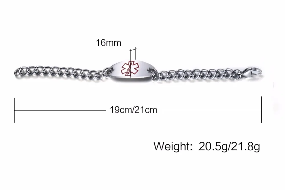 Персонализированные гравировка нержавеющая сталь медицинский браслет для женщин/мужчин ID ювелирные изделия 19 см/21 см цепь