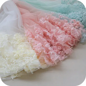 High Quality Pink/Blue/Yellow Embroidered Lace Fabric 3-D Floral Embroidery Polyester Lace Cloth for Sewing Skirt Doll