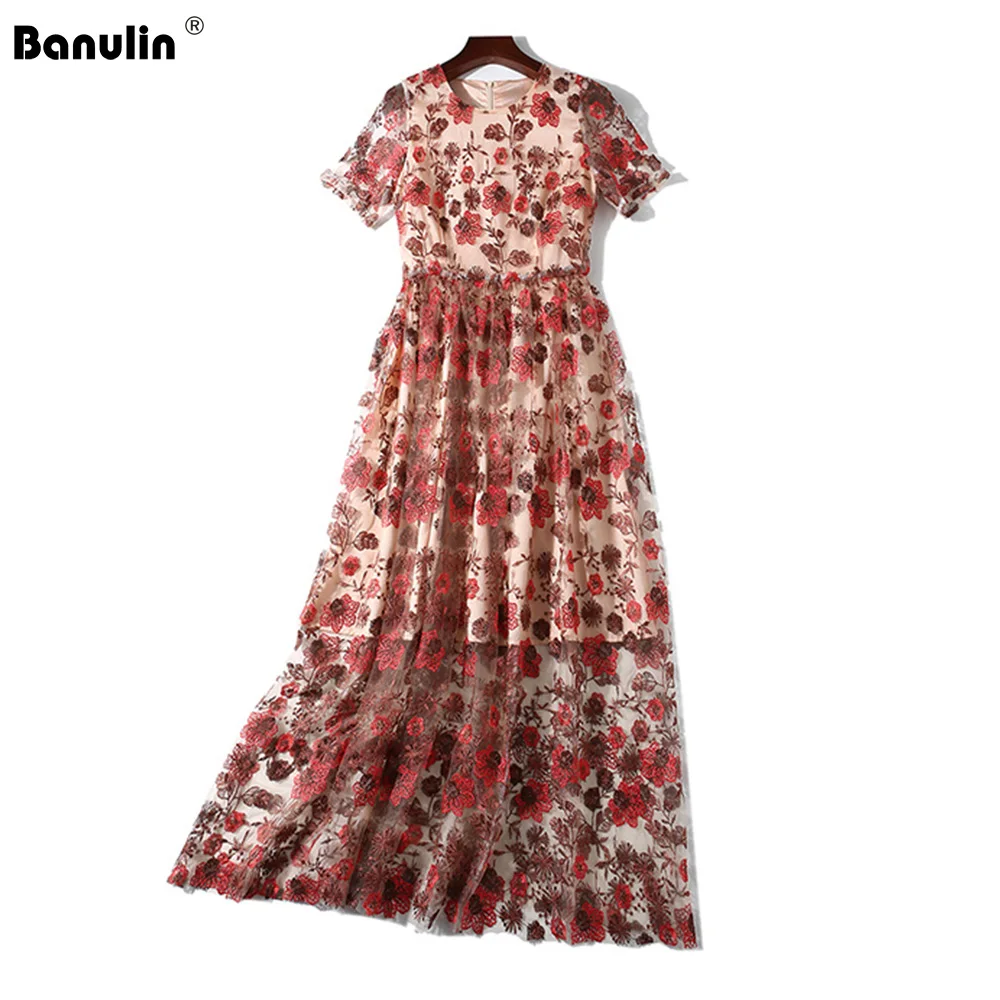 

Banulin Runway Dresses 2019 Summer Short Sleeves Sheer Mesh Gorgeous Floral Embroidery Long Beach Dress Vestidos De Festa