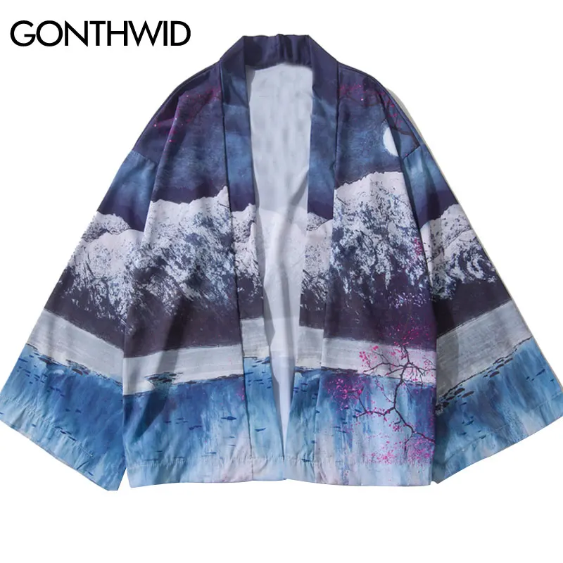 

GONTHWID Landscape Print Japanese Kimono Cardigan Shirts Men Summer Harajuku Casual Thin Shirt Coats Streetwear Hip Hop Jackets