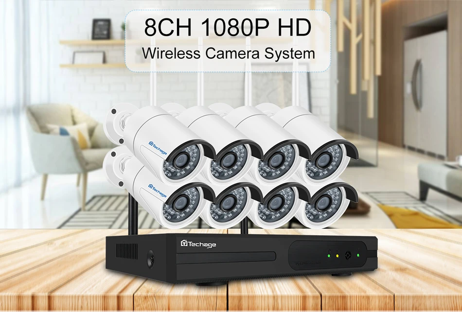 Techage H.265 8CH 1080P HD Беспроводная NVR система видеонаблюдения 2-мегапиксельная наружная Водонепроницаемая аудио WiFi ip-камера комплект видеонаблюдения