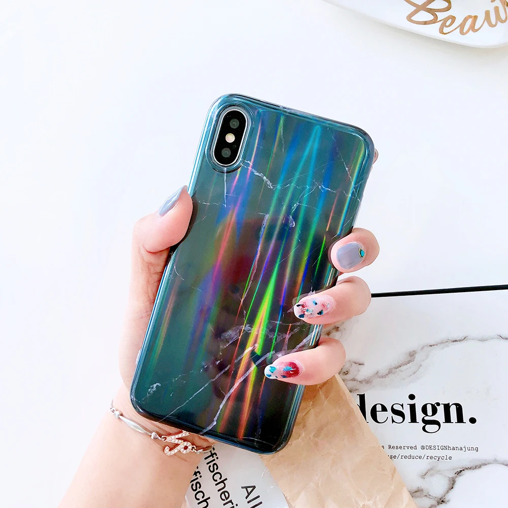 Case For iPhone X Xr Xs Max Cover Korean Laser Marble Skin Soft TPU Girly  (8)