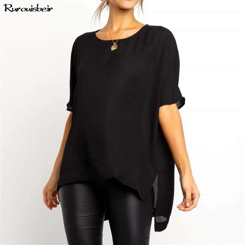 

Fashion Plus Size Summer Blouse Solid Color O-neck Short Sleeved Irregular Chiffon Blouse Women Elegant Office Work Women Shirt