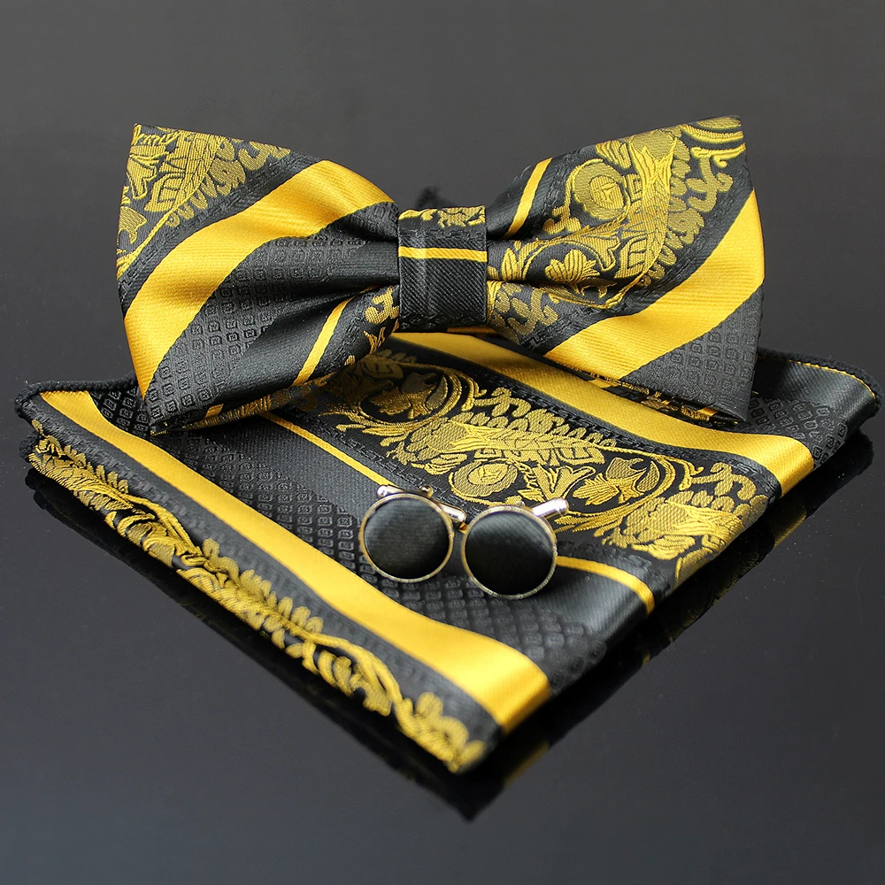 

100%Silk Jacquard Woven Men Butterfly Self Bow Tie Classic cashew pattern BowTie Pocket Square Handkerchief cufflinks box set